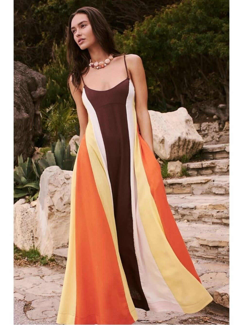 Free People Linen Retro 70s Color Harmony Maxi Dress in Chocolate Combo Small - Picture 1 of 10